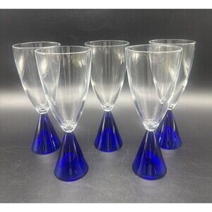 VTG Sasaki Glass Eon Cobalt Blue Base Water Wine 7.5”Goblet 8 Oz Set Of 5